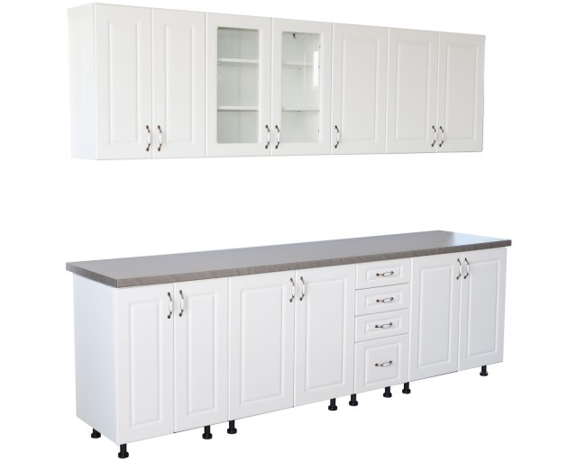 Bucatarie Zebra 260 cm din MDF Alb Lucios cu blat termoizolant imitatie gri